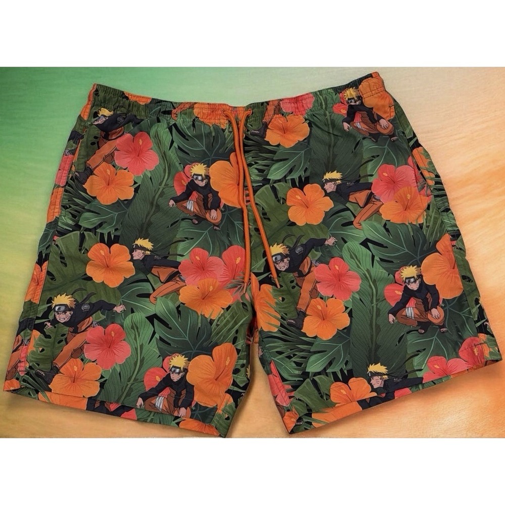 Naruto Men Trunks Swim Shorts Multicolor Floral Drawstring Pockets Mesh Lined XL